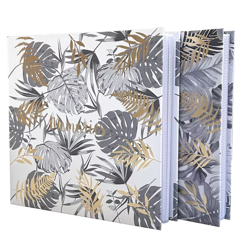 Tropical Leaf Hardback Photo Album – 200 Slip-In Photos | Gold Foil Memories | White & Grey | 22x22cm