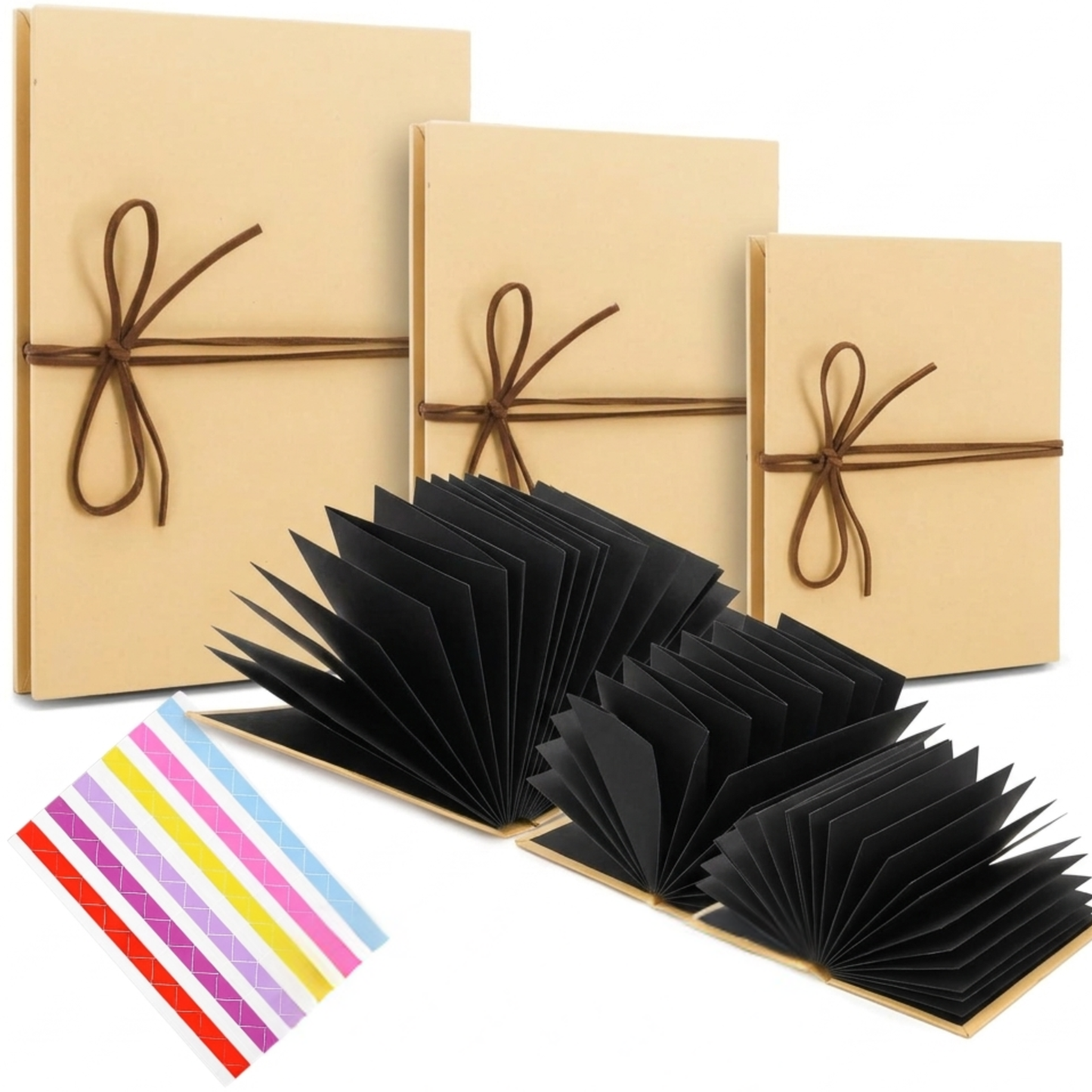 brown kraft covers scrap books with black inner pages  ribbon closure with photo corners.