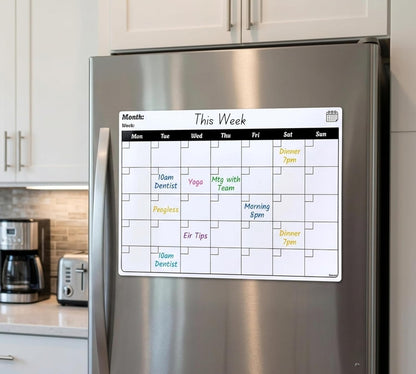 Magnetic Weekly Planner Fridge Board | A3 Landscape | Dry-Wipe Whiteboard | 4 Markers Included