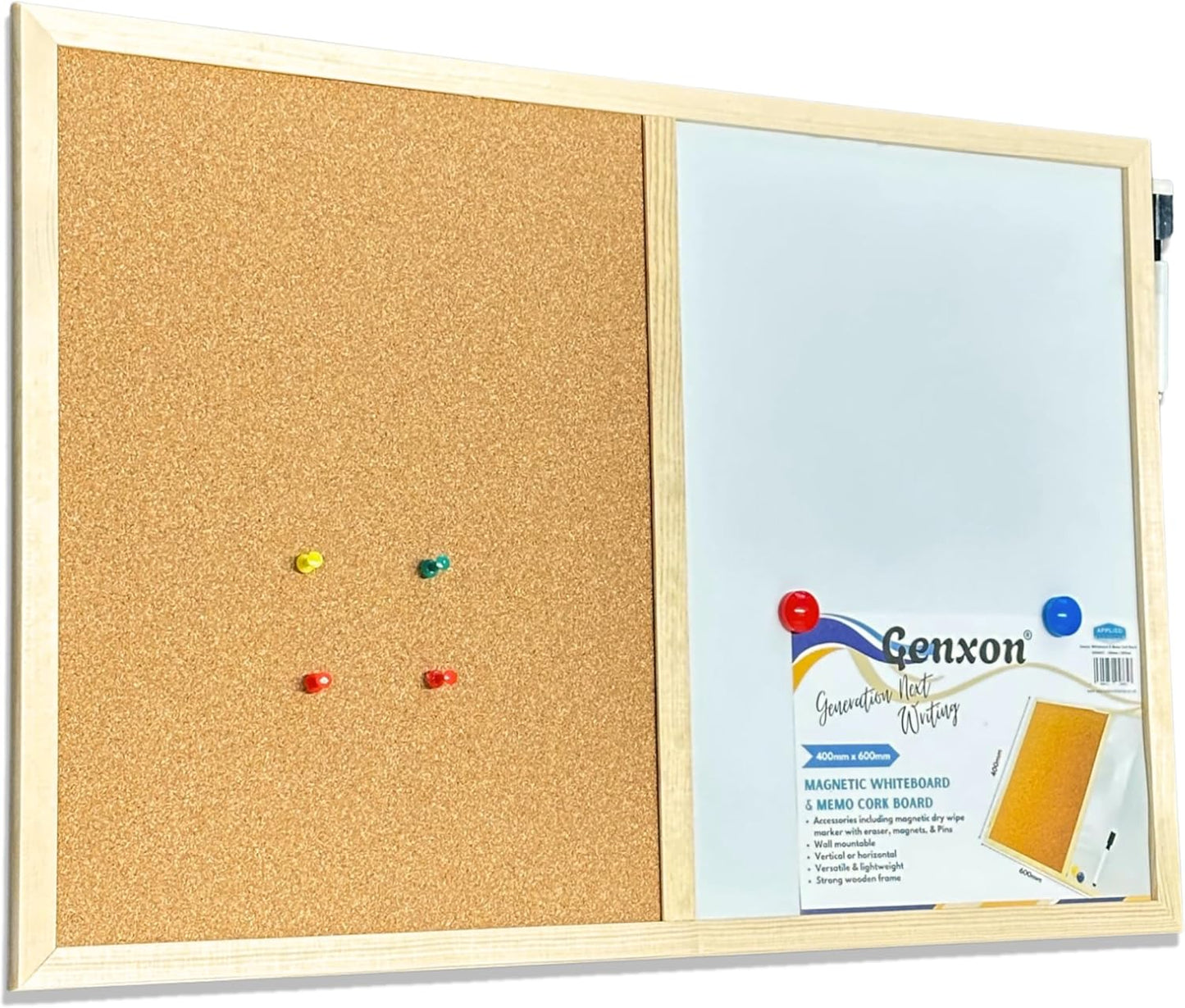 Combination Pin Cork Board & Magnetic Whiteboard | 60x40cm | Dry-Wipe Memo Board | 1 Marker & 2 Magnets