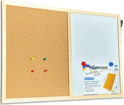 Combination Pin Cork Board & Magnetic Whiteboard | 60x40cm | Dry-Wipe Memo Board | 1 Marker & 2 Magnets