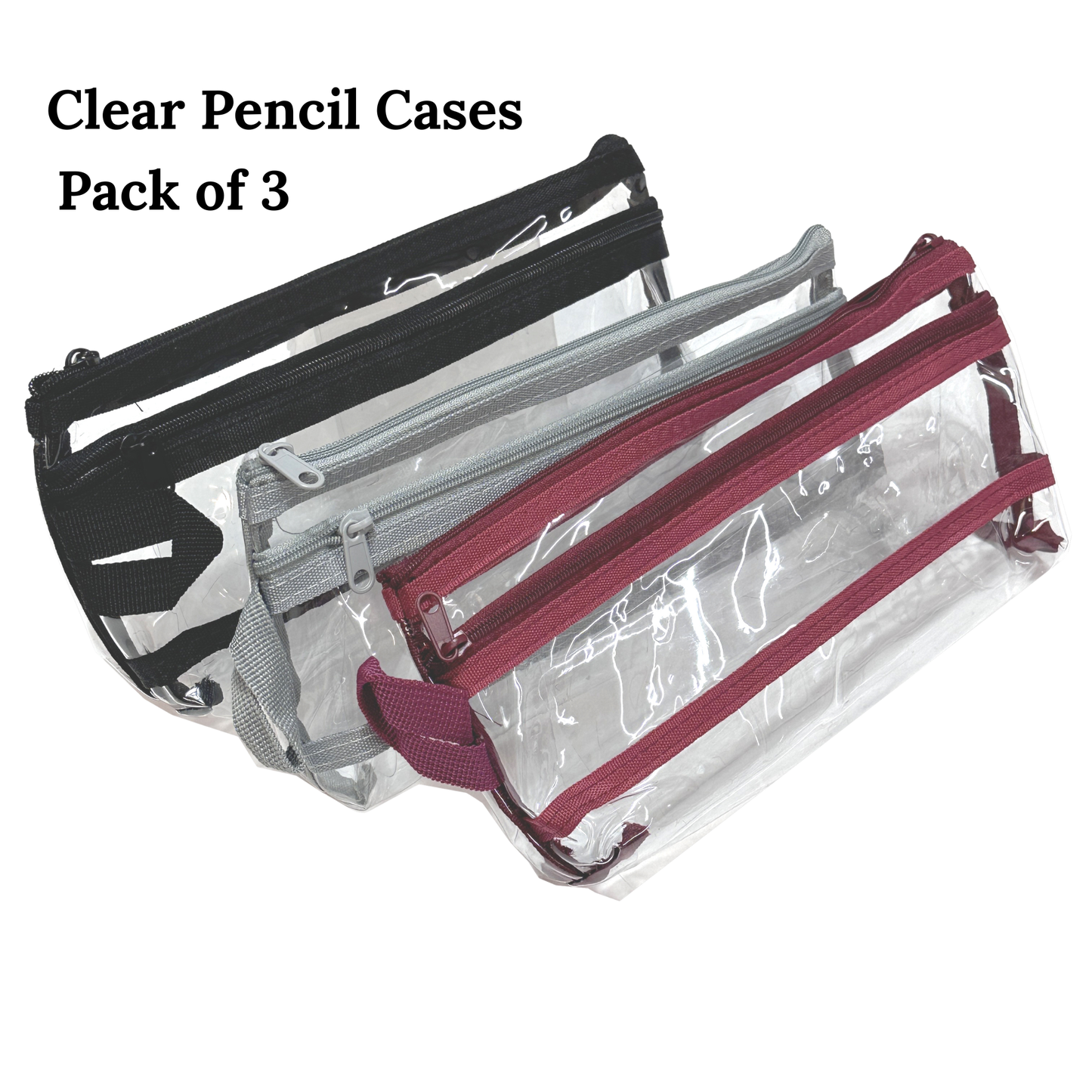 GenXon Clear Transparent Pencil Case Pack of 3 | 2 Compartments | Zip Pouch