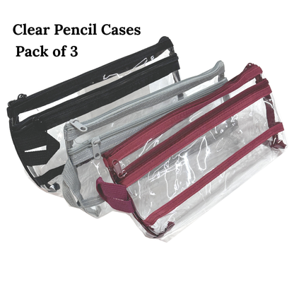 GenXon Clear Transparent Pencil Case Pack of 3 | 2 Compartments | Zip Pouch