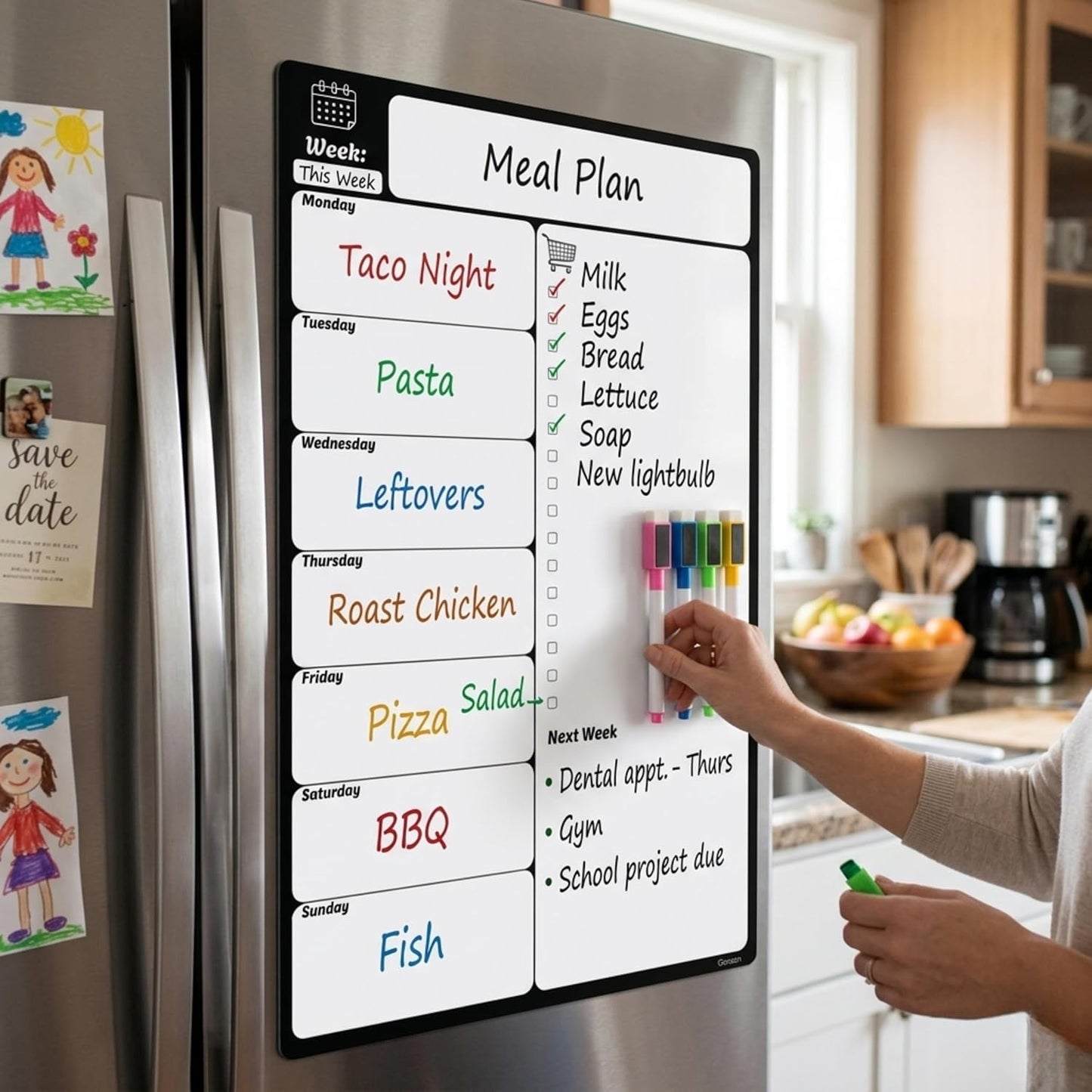 A4 Magnetic Fridge Whiteboard | Weekly Planner, Meal Planner & Shopping List | 4 Dry-Erase Markers