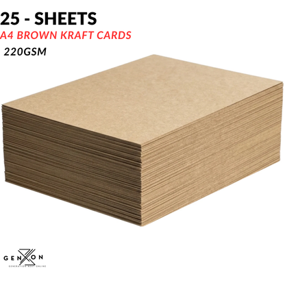 Pack of A4 brown kraft cards - 25 sheets and 220 GSM weight .Natural brown colour
