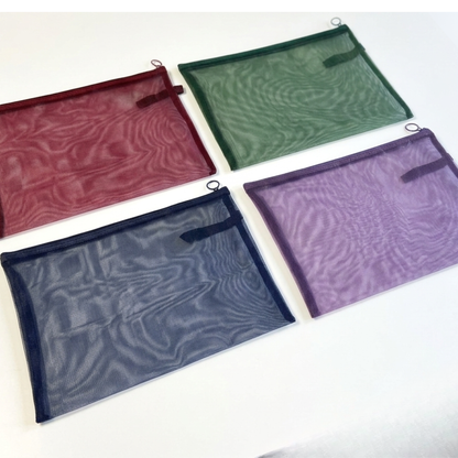 A4 Mesh Zip Folders | Pack of 4 | Green, Burgundy, Navy & Purple | Document Pouch, Pencil Case & Bag Organiser