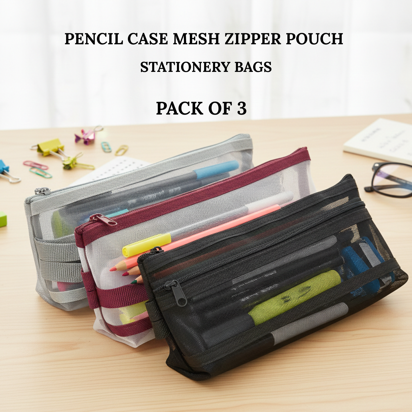 GenXon Mesh Pencil Case Pack of 3 | 2 Pockets | Zip Closure