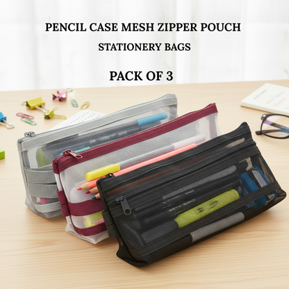 GenXon Mesh Pencil Case Pack of 3 | 2 Pockets | Zip Closure