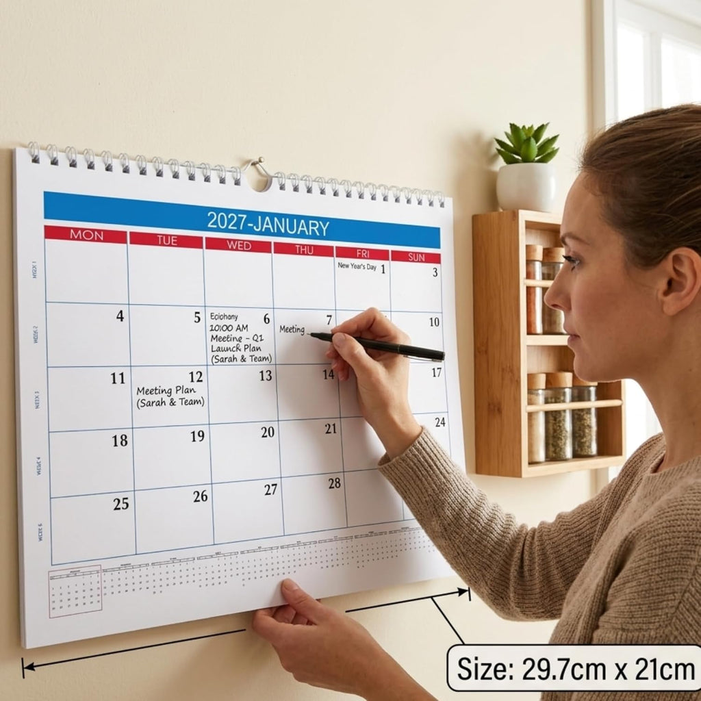 2027 Wall Calendar – Large Print A4 Spiral Bound | UK Bank Holidays Marked