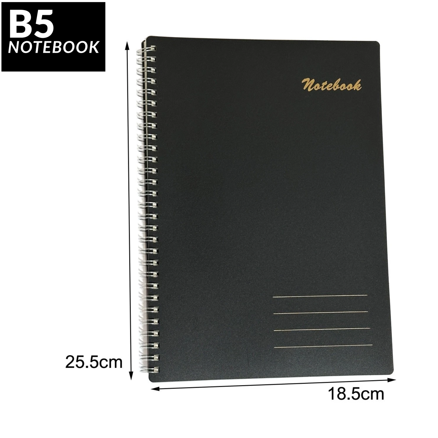 Spiral Notebook – 160 Lined Pages | 80gsm Wide Ruled | Black Wipeable Cover | A5 & B5