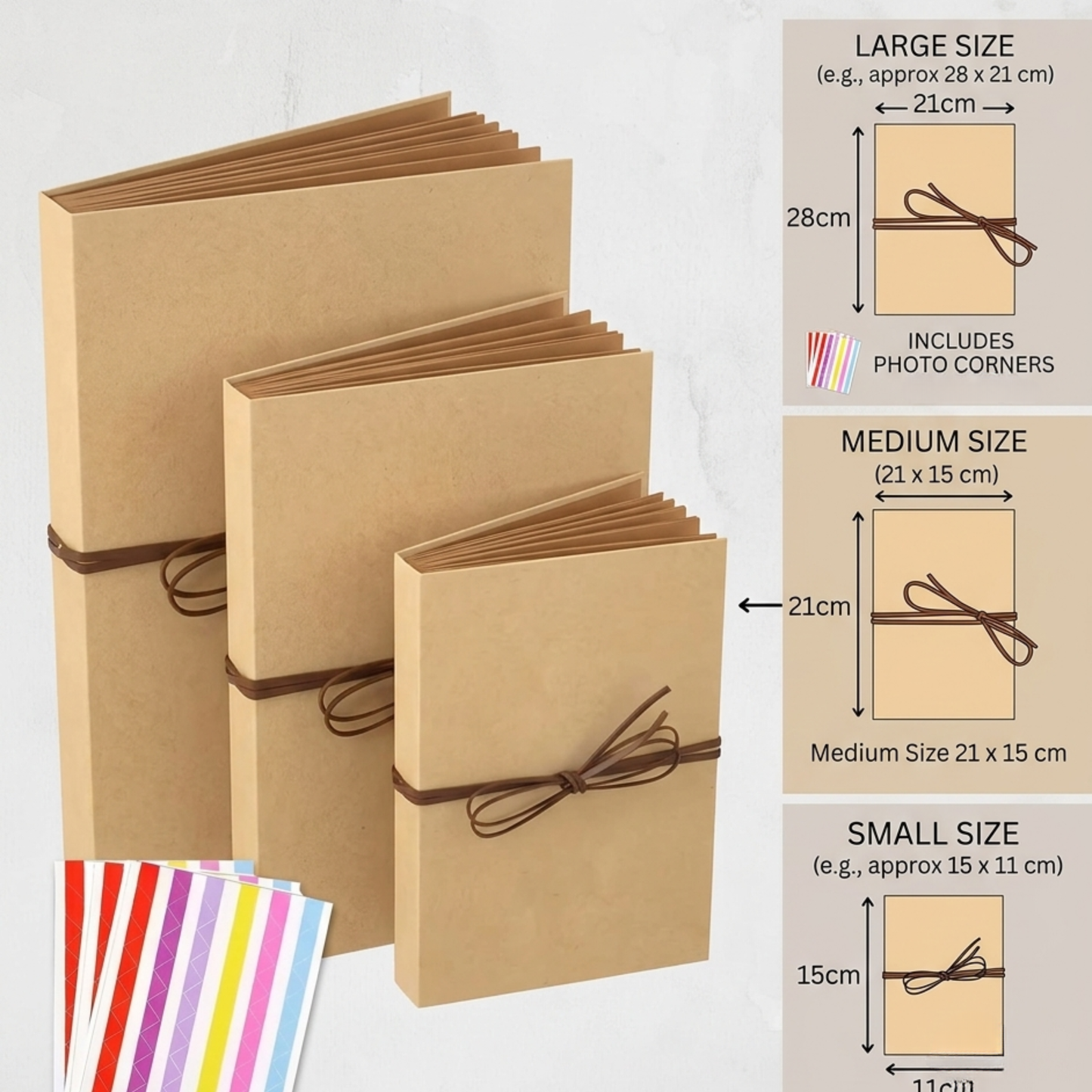 Kraft Scrapbook Album with Leather Cord Tie | Accordion Pages | 3 Sizes