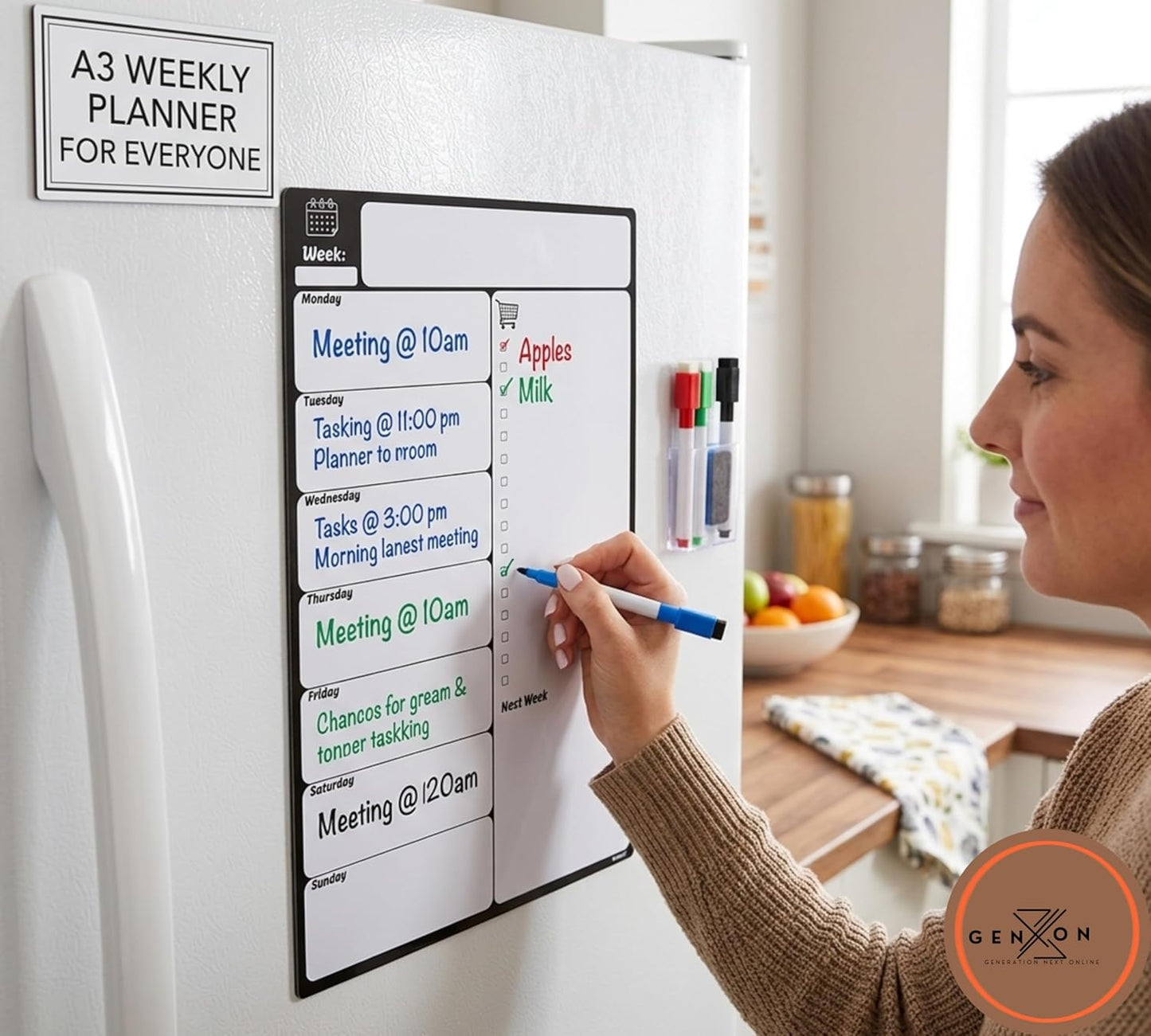Large A3 Magnetic Fridge Wipe Board | Family Weekly Planner, Shopping List & Memo Board | 4 Colour Markers