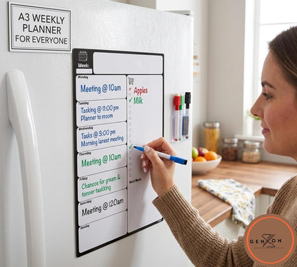Large A3 Magnetic Fridge Wipe Board | Family Weekly Planner, Shopping List & Memo Board | 4 Colour Markers