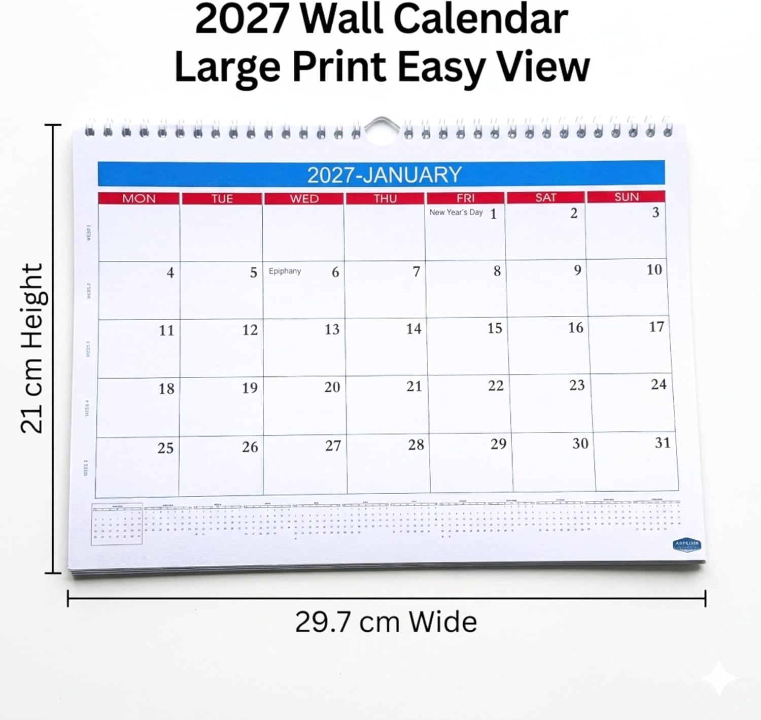 2027 Wall Calendar – Large Print A4 Spiral Bound | UK Bank Holidays Marked