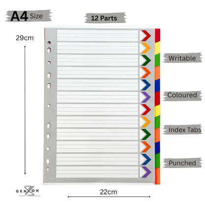 A4 File Dividers 12 Part | Coloured Punched Card Filing Dividers with Writable Index Tabs for Ring Binders & Lever Arch Files