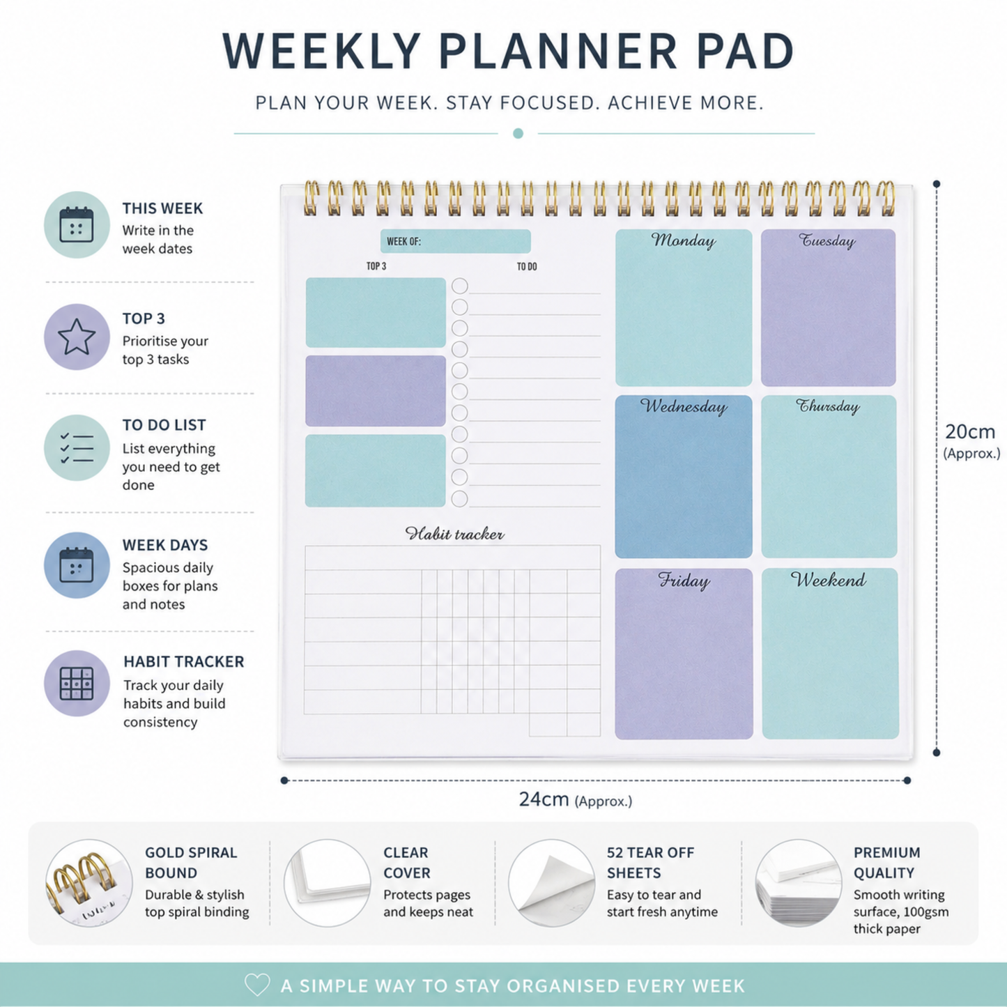 Weekly Planner Pad | Habit Tracker | Gold Spiral Bound | 52 Sheets | A5 Desk Planner