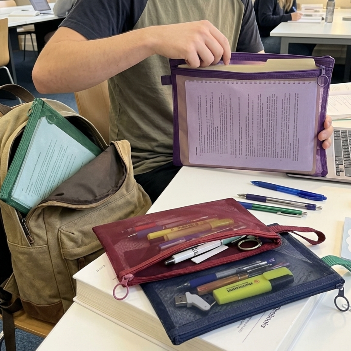 A4 Mesh Zip Folders | Pack of 4 | Green, Burgundy, Navy & Purple | Document Pouch, Pencil Case & Bag Organiser