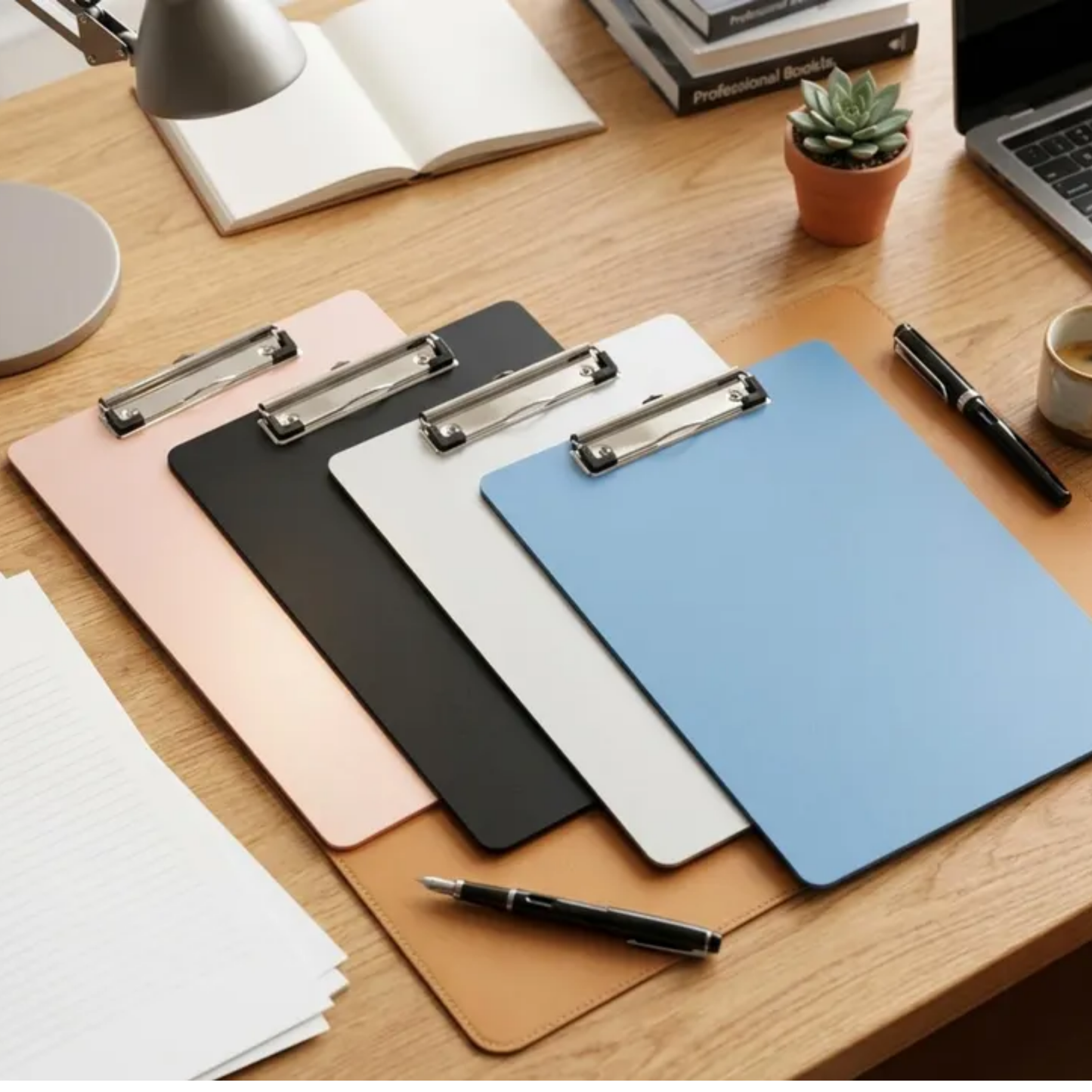 A4 Wooden Clipboard with Metal Clip – Blue, Black, Pink & Grey