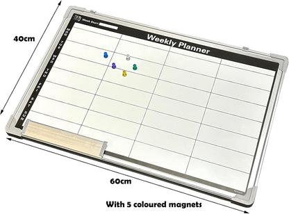 Magnetic Weekly Planner Whiteboard | 60x40cm Aluminium Frame | Dry-Wipe Wall Board | 5 Colour Markers