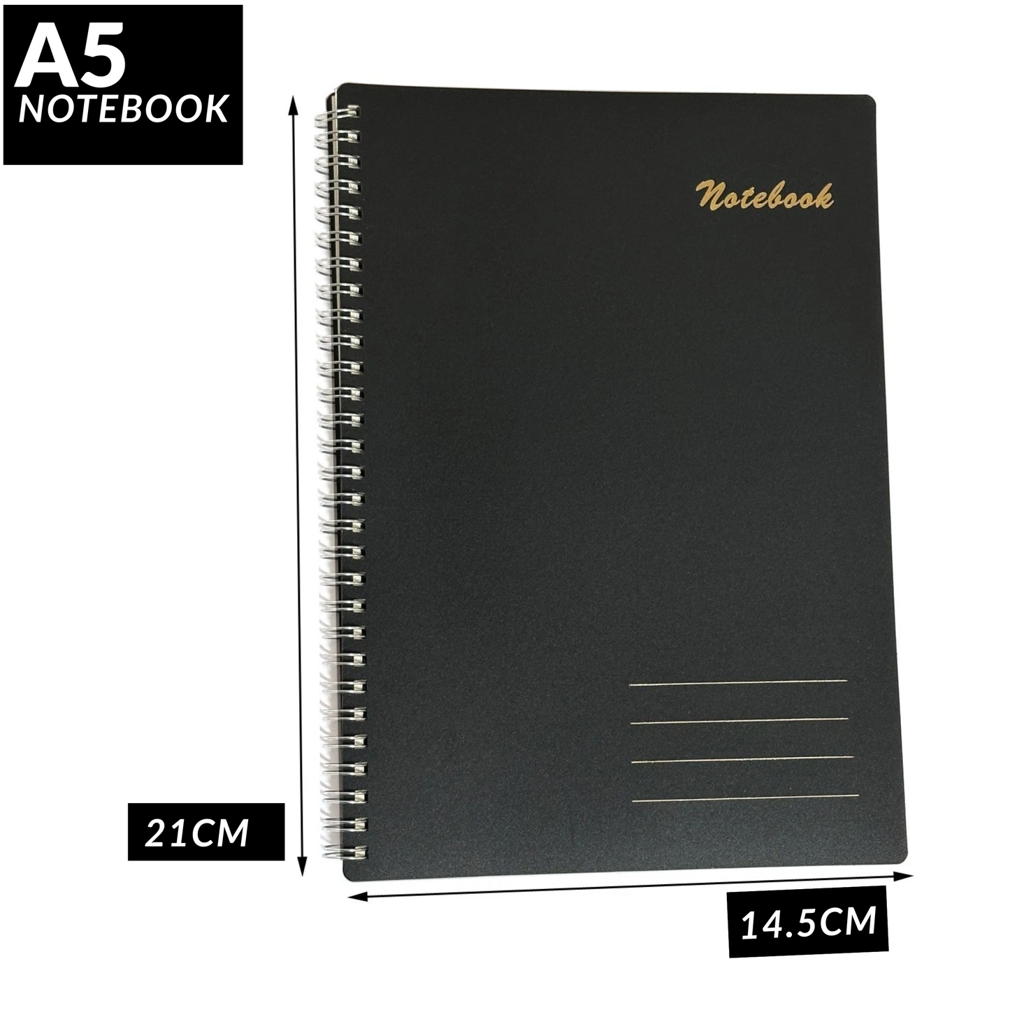 Spiral Notebook – 160 Lined Pages | 80gsm Wide Ruled | Black Wipeable Cover | A5 & B5