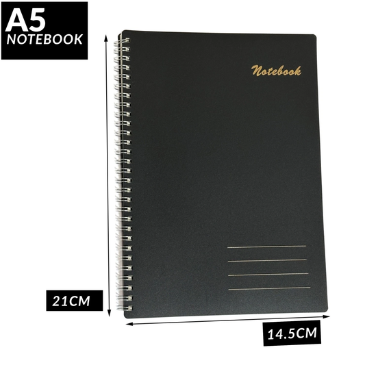 Spiral Notebook – 160 Lined Pages | 80gsm Wide Ruled | Black Wipeable Cover | A5 & B5