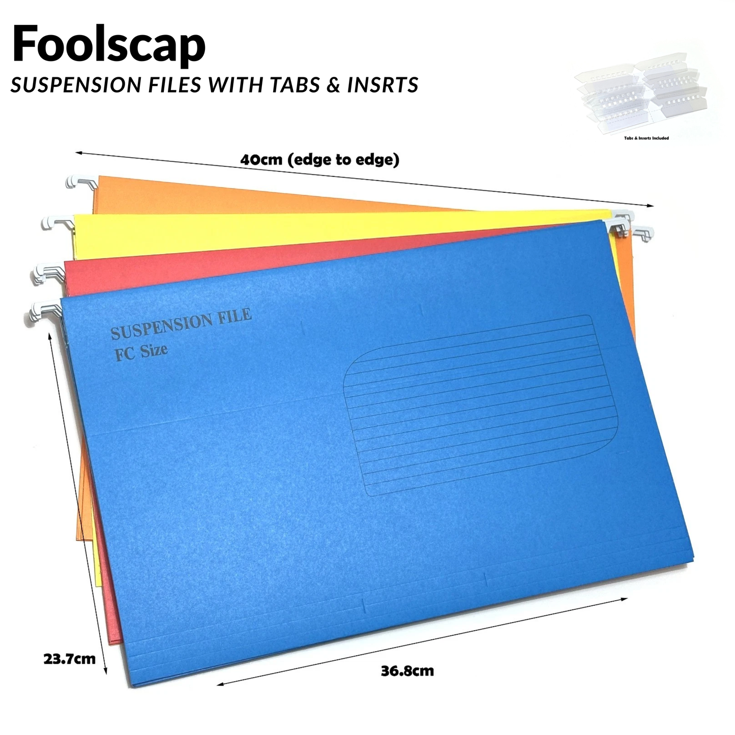 Foolscap Suspension Files with Tabs, 40cm Runners, Assorted Colours