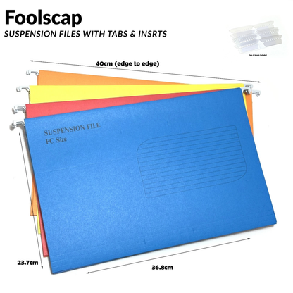 Foolscap Suspension Files with Tabs, 40cm Runners, Assorted Colours