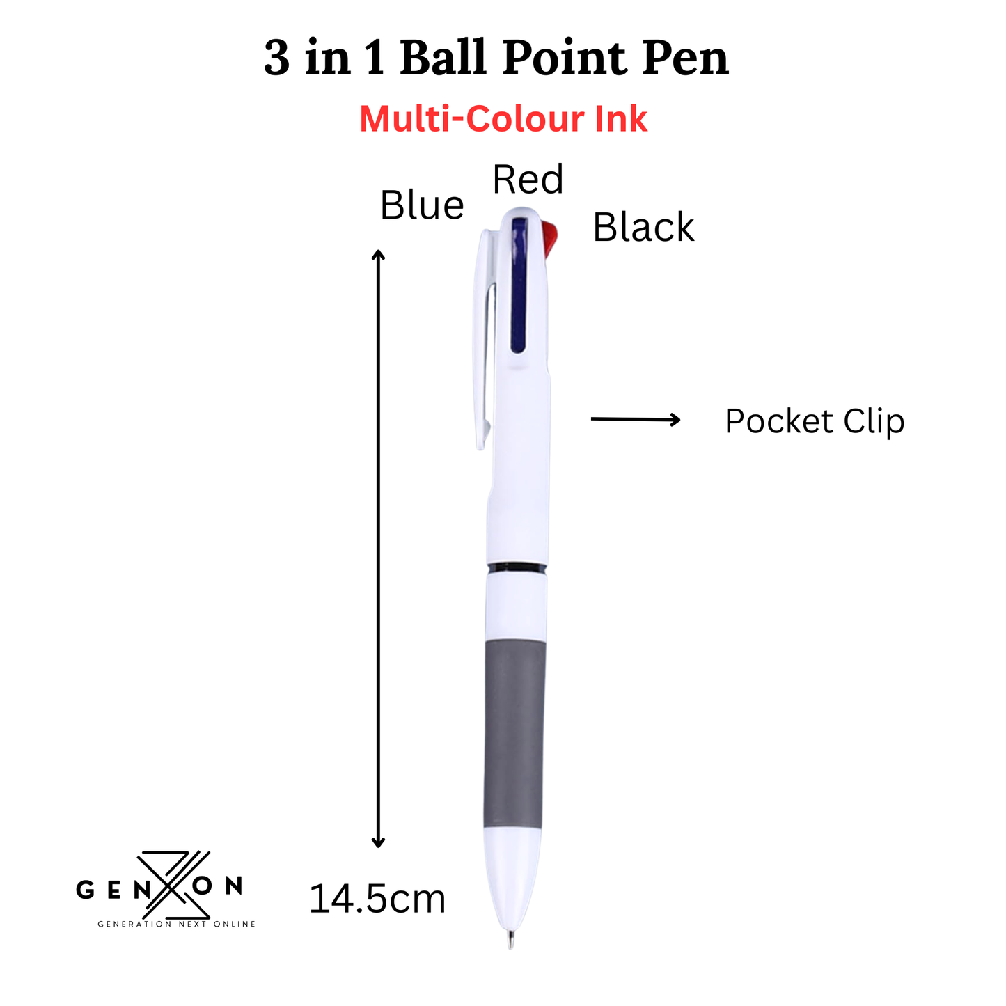3-in-1 ballpoint pen with color-coded ink and pocket clip on a white background