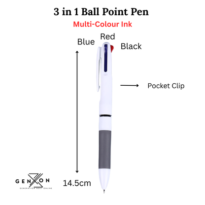 3-in-1 ballpoint pen with color-coded ink and pocket clip on a white background