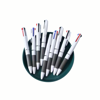 Set of pens with grey and white bodies and red, blue, and black accents on a green stand.
