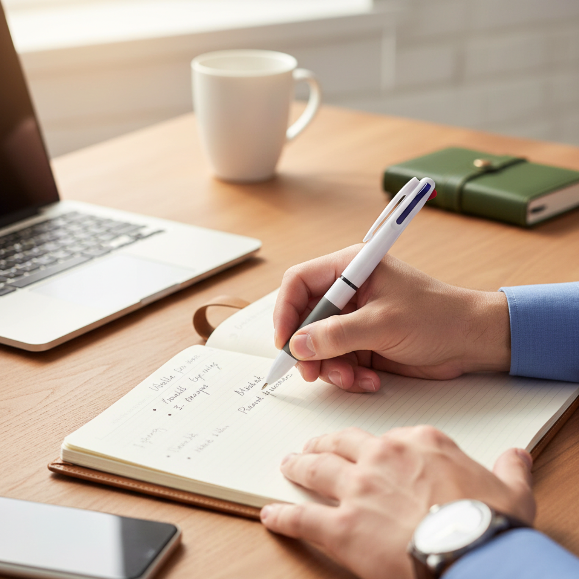 Person writing in a notebook with a pen on a desk with a laptop and coffee cup.