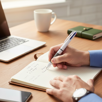 Person writing in a notebook with a pen on a desk with a laptop and coffee cup.