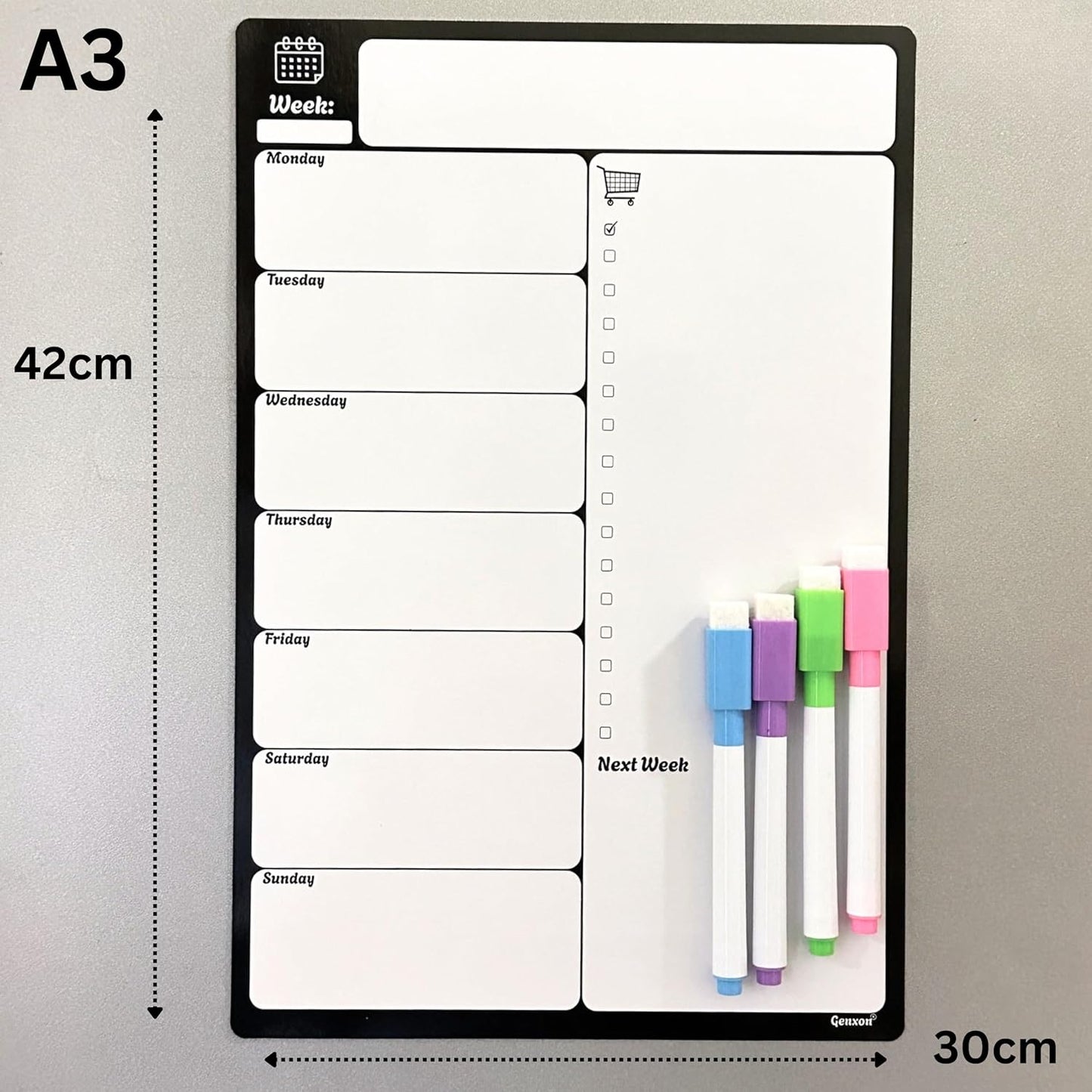 Large A3 Magnetic Fridge Wipe Board | Family Weekly Planner, Shopping List & Memo Board | 4 Colour Markers