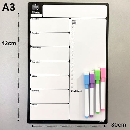 Large A3 Magnetic Fridge Wipe Board | Family Weekly Planner, Shopping List & Memo Board | 4 Colour Markers