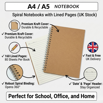 Lined Notebook – Spiral Wirebound Writing Journal | Kraft Cover | Wide Ruled | 80 Sheets | A4 & A5