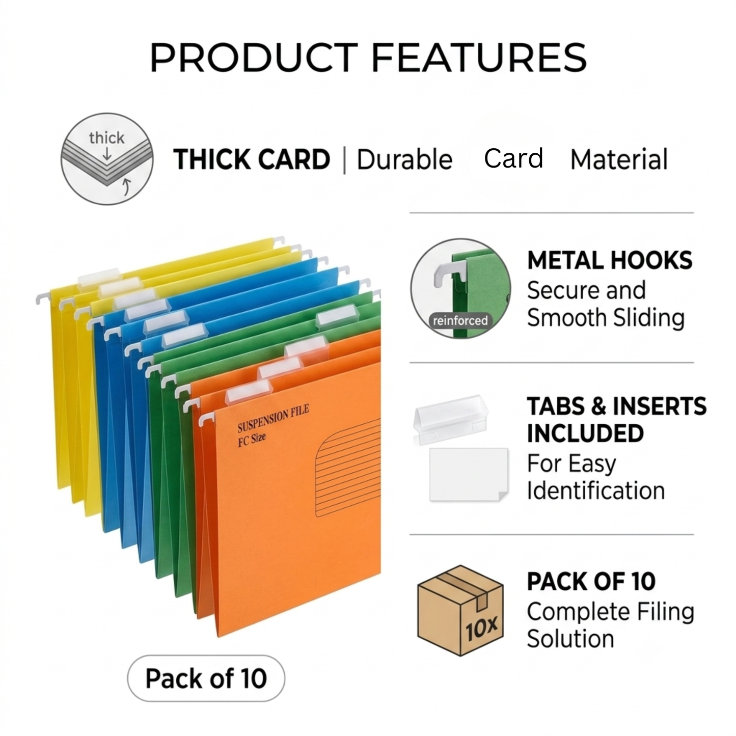 Foolscap Suspension Files with Tabs, 40cm Runners, Assorted Colours