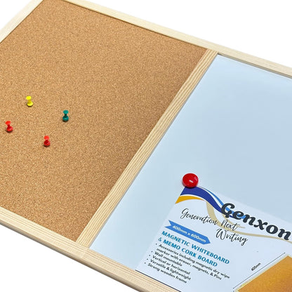 Combination Pin Cork Board & Magnetic Whiteboard | 60x40cm | Dry-Wipe Memo Board | 1 Marker & 2 Magnets