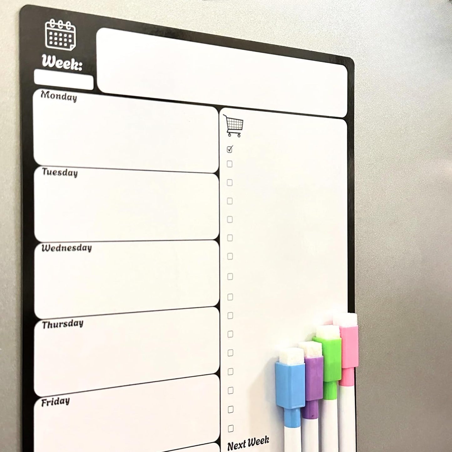 A4 Magnetic Fridge Whiteboard | Weekly Planner, Meal Planner & Shopping List | 4 Dry-Erase Markers