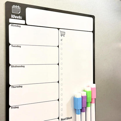 A4 Magnetic Fridge Whiteboard | Weekly Planner, Meal Planner & Shopping List | 4 Dry-Erase Markers