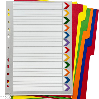 A4 File Dividers 12 Part | Coloured Punched Card Filing Dividers with Writable Index Tabs for Ring Binders & Lever Arch Files