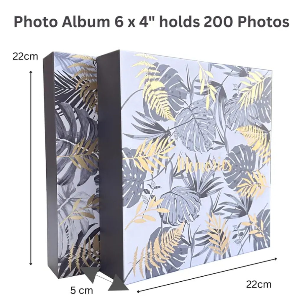 Tropical Leaf Hardback Photo Album – 200 Slip-In Photos | Gold Foil Memories | White & Grey | 22x22cm
