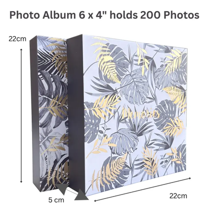 Tropical Leaf Hardback Photo Album – 200 Slip-In Photos | Gold Foil Memories | White & Grey | 22x22cm