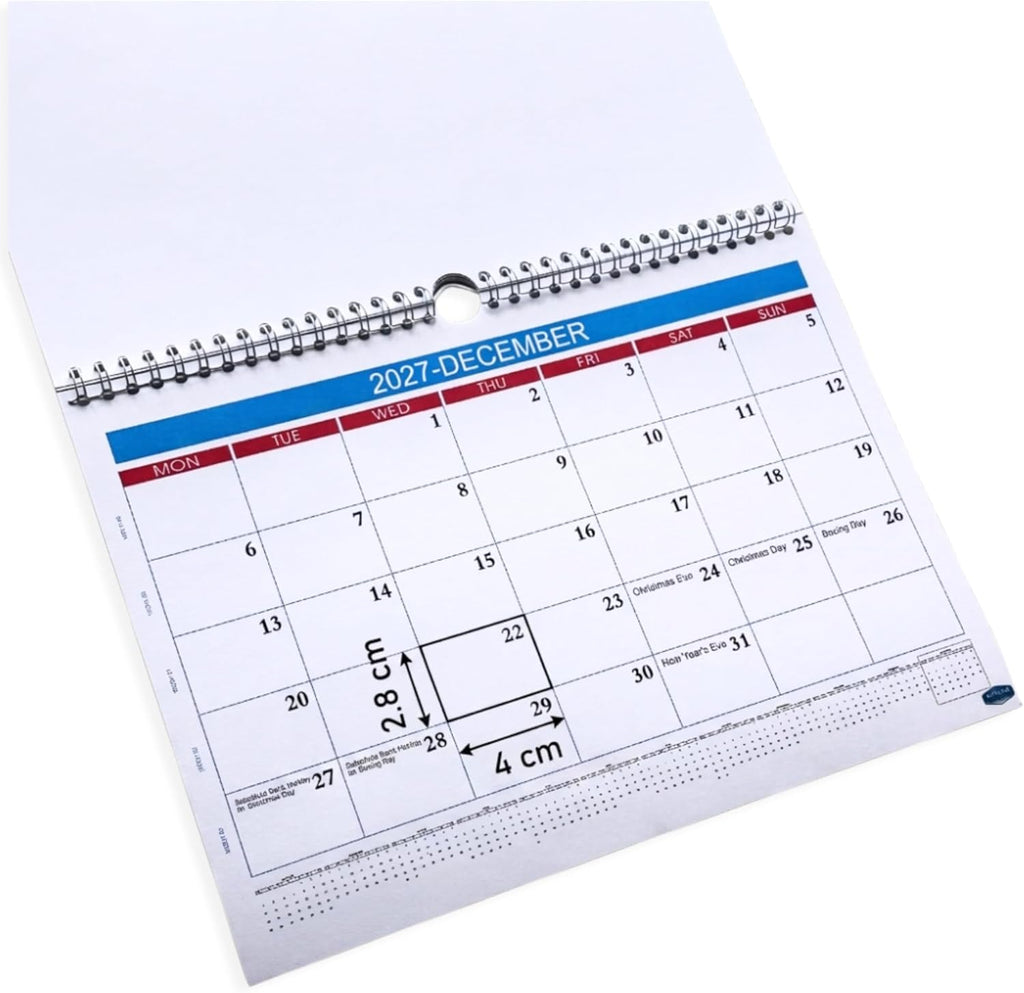 2027 Wall Calendar – Large Print A4 Spiral Bound | UK Bank Holidays Marked