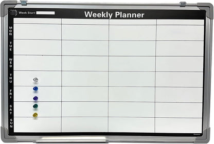 Magnetic Weekly Planner Whiteboard | 60x40cm Aluminium Frame | Dry-Wipe Wall Board | 5 Colour Markers