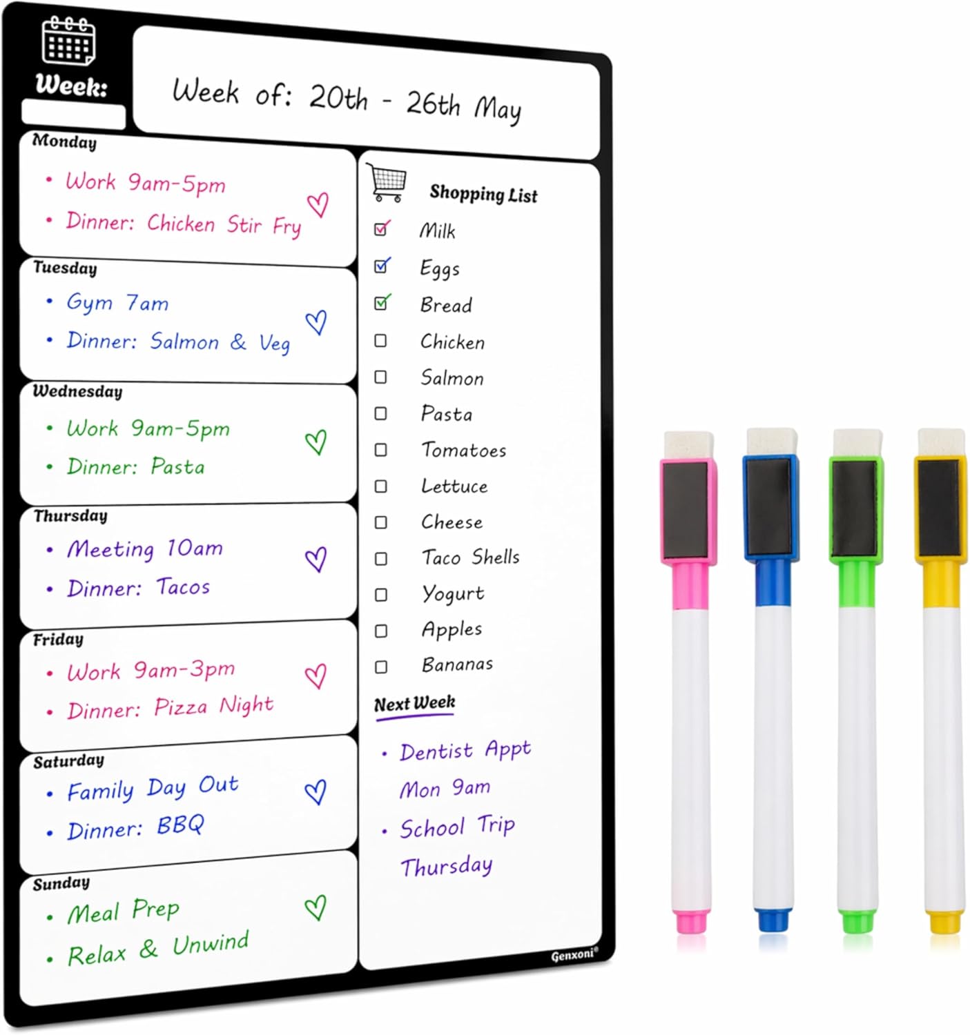Large A3 Magnetic Fridge Wipe Board | Family Weekly Planner, Shopping List & Memo Board | 4 Colour Markers