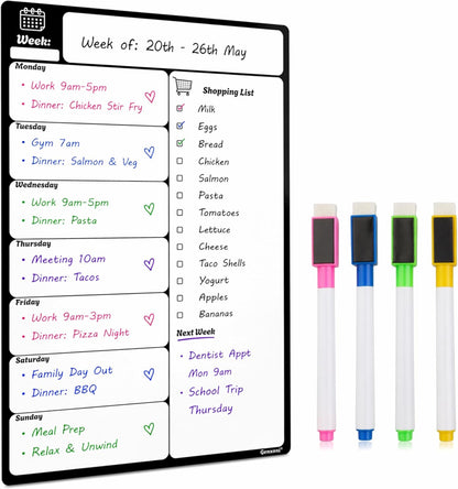 Large A3 Magnetic Fridge Wipe Board | Family Weekly Planner, Shopping List & Memo Board | 4 Colour Markers