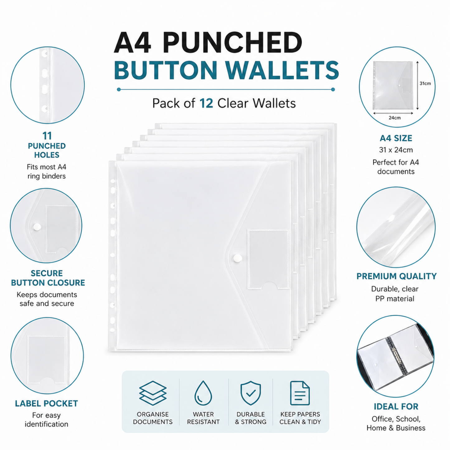 A4 Punched Button Wallets | Pack of 12 Clear Document Wallets with Card Pocket