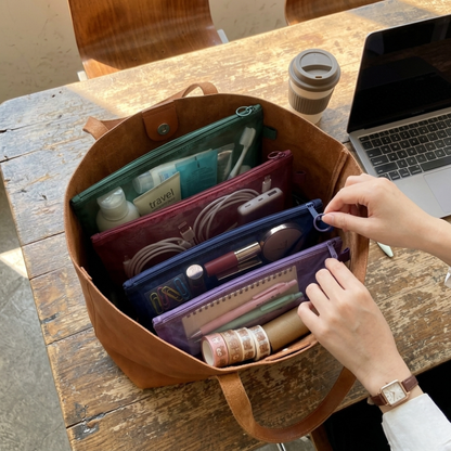 A4 Mesh Zip Folders | Pack of 4 | Green, Burgundy, Navy & Purple | Document Pouch, Pencil Case & Bag Organiser