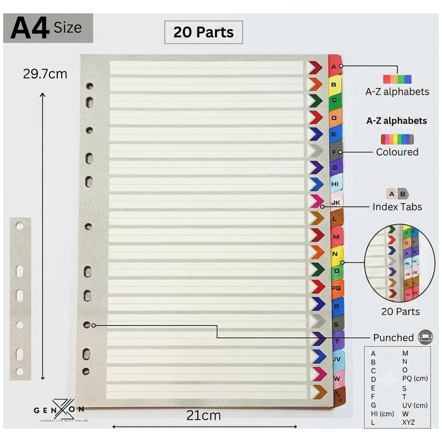A4 A-Z Alphabetical File Dividers | 20 Part Colour-Coded Index Tabs | Ring Binder Organiser