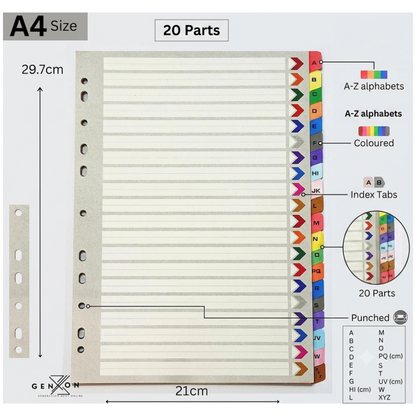 A4 A-Z Alphabetical File Dividers | 20 Part Colour-Coded Index Tabs | Ring Binder Organiser